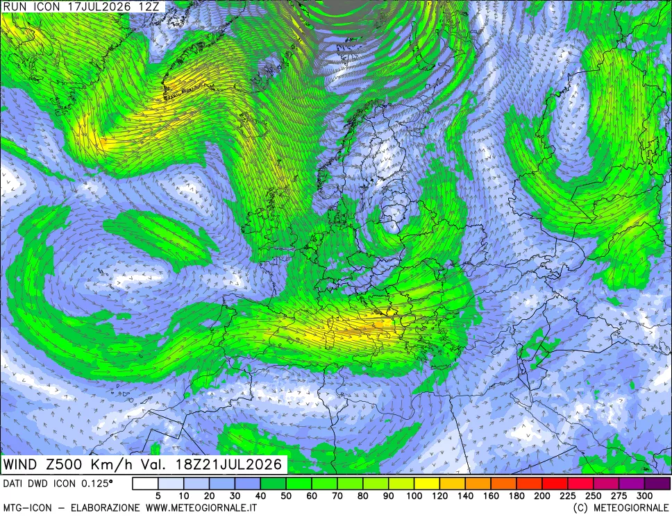 mappa 500 hPa Vento forza e direzione