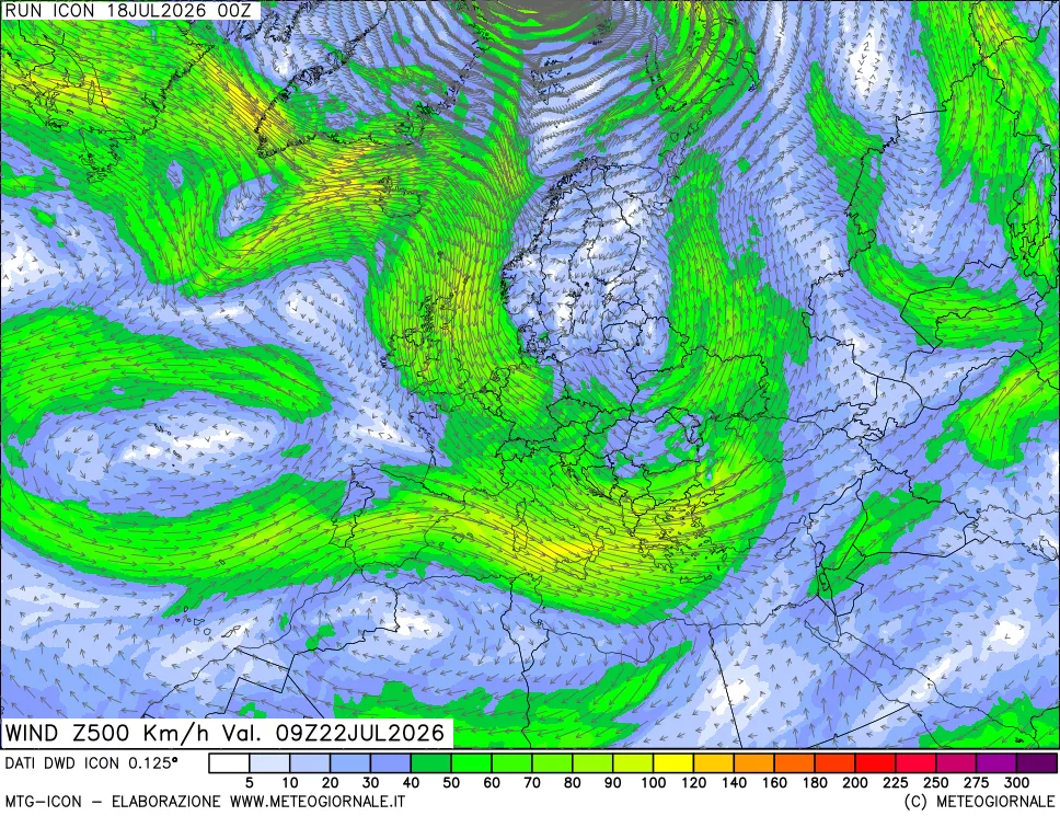 mappa 500 hPa Vento forza e direzione