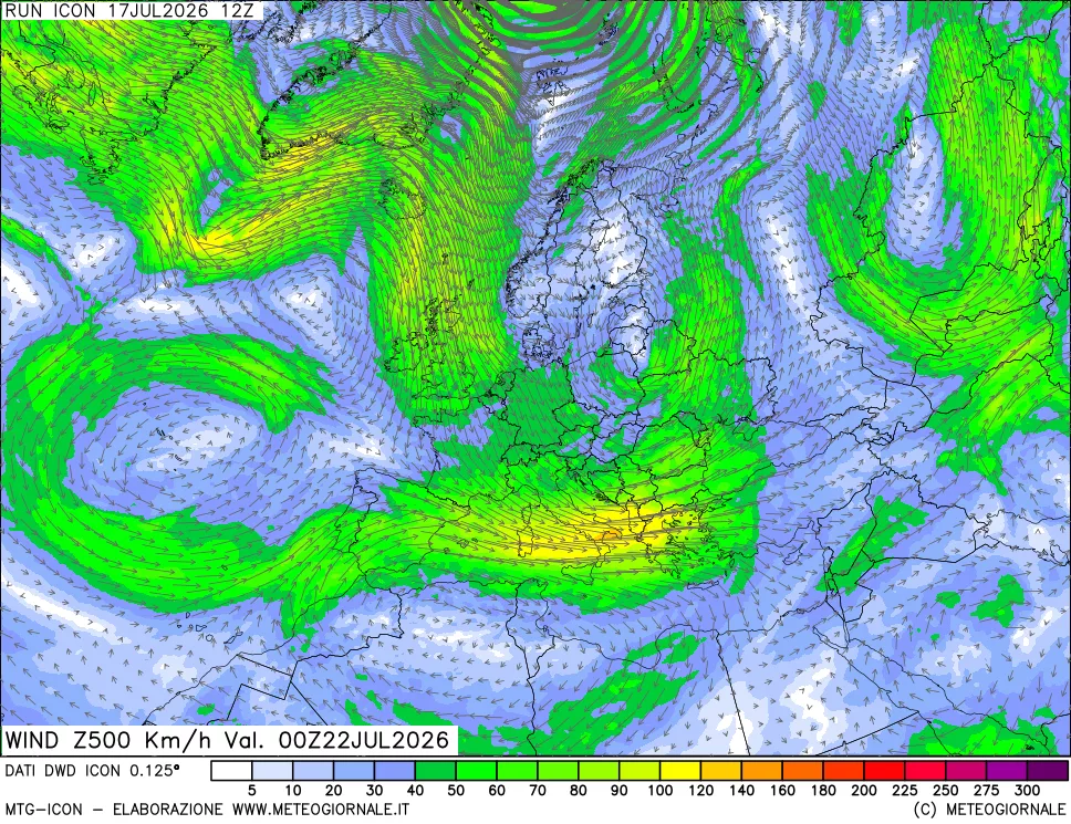 mappa 500 hPa Vento forza e direzione