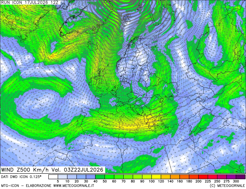 mappa 500 hPa Vento forza e direzione