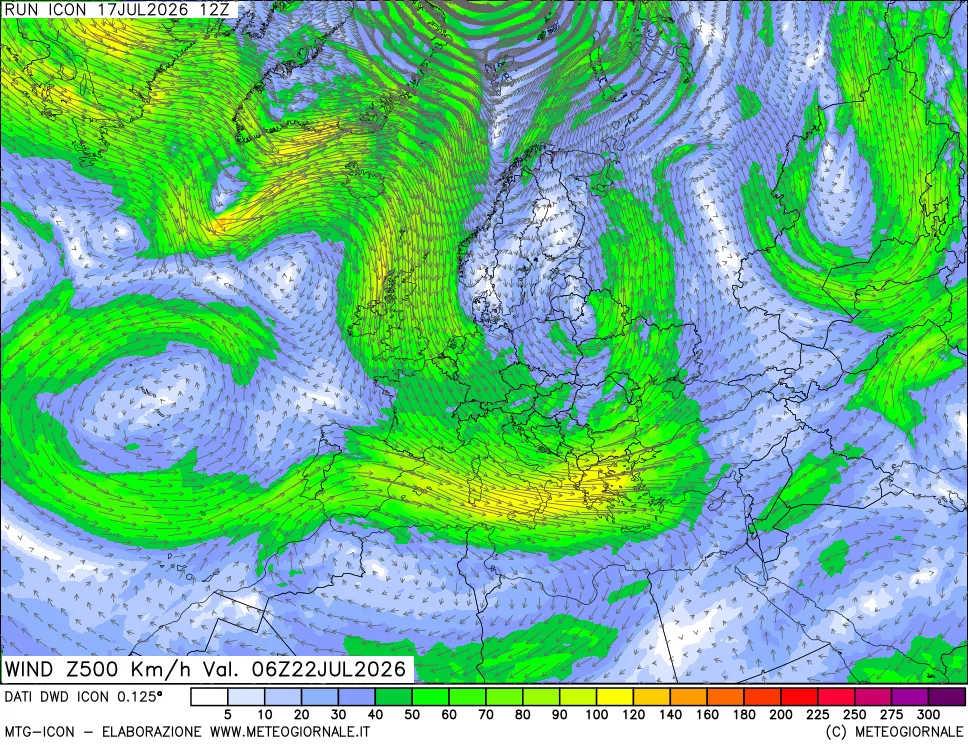 mappa 500 hPa Vento forza e direzione