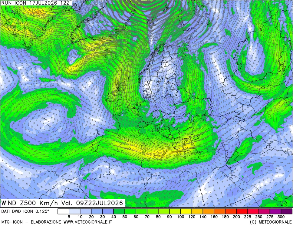 mappa 500 hPa Vento forza e direzione