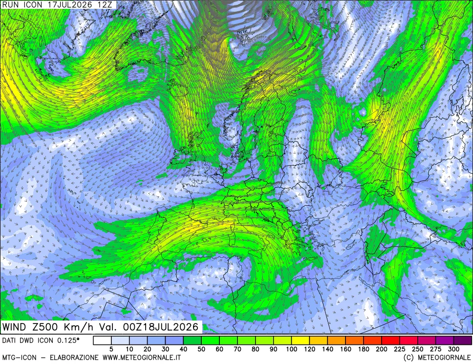 mappa 500 hPa Vento forza e direzione