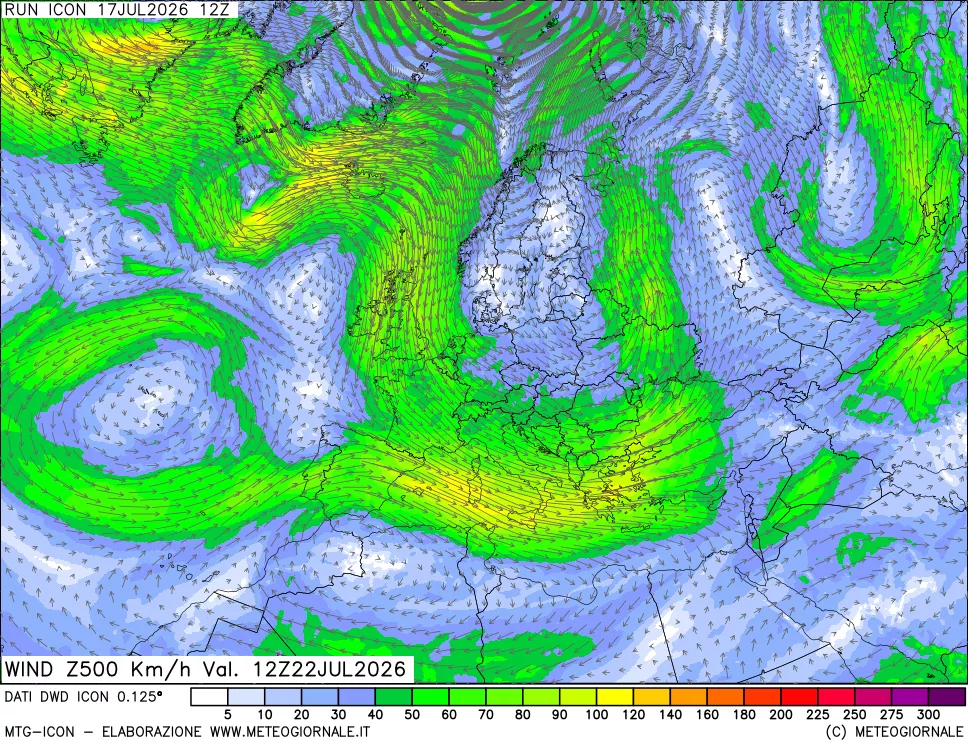 mappa 500 hPa Vento forza e direzione