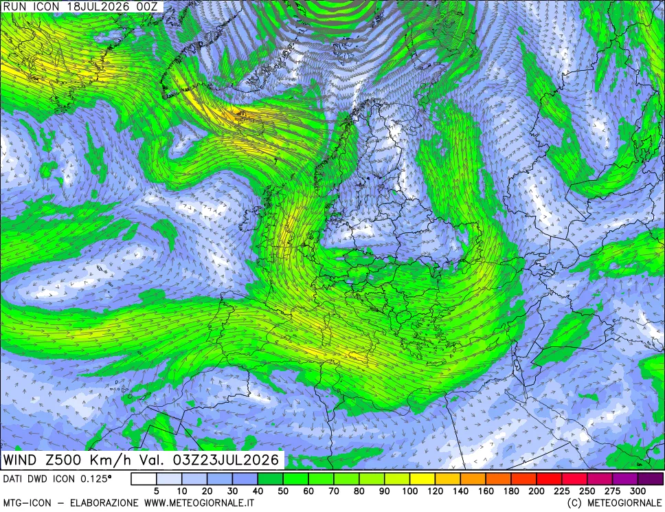 mappa 500 hPa Vento forza e direzione