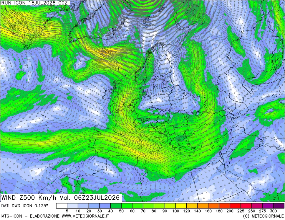 mappa 500 hPa Vento forza e direzione