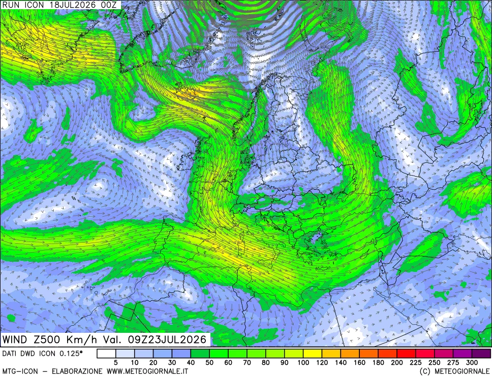 mappa 500 hPa Vento forza e direzione