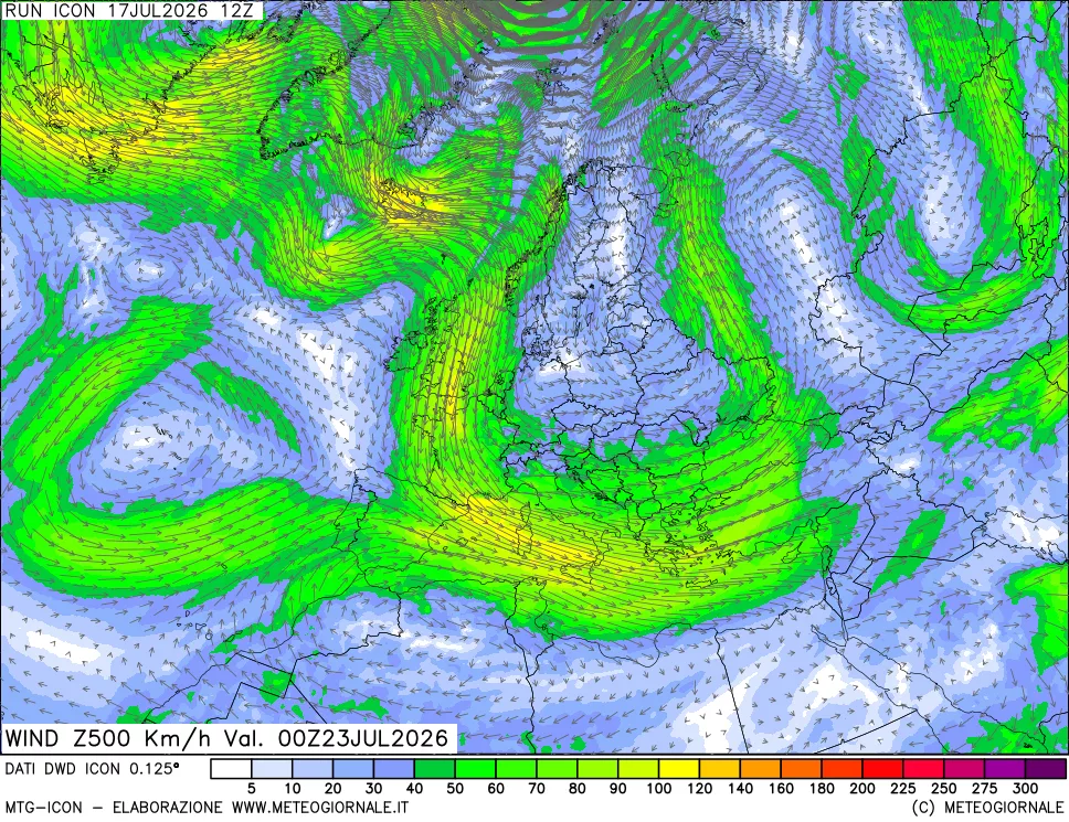 mappa 500 hPa Vento forza e direzione