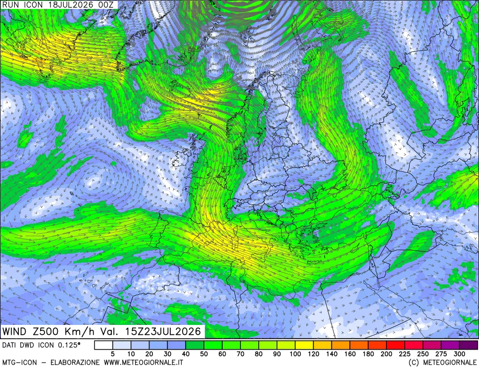 mappa 500 hPa Vento forza e direzione