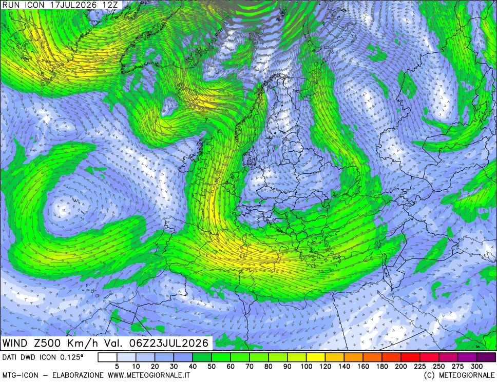 mappa 500 hPa Vento forza e direzione