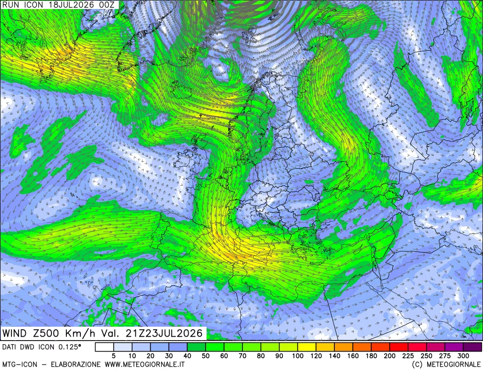 mappa 500 hPa Vento forza e direzione