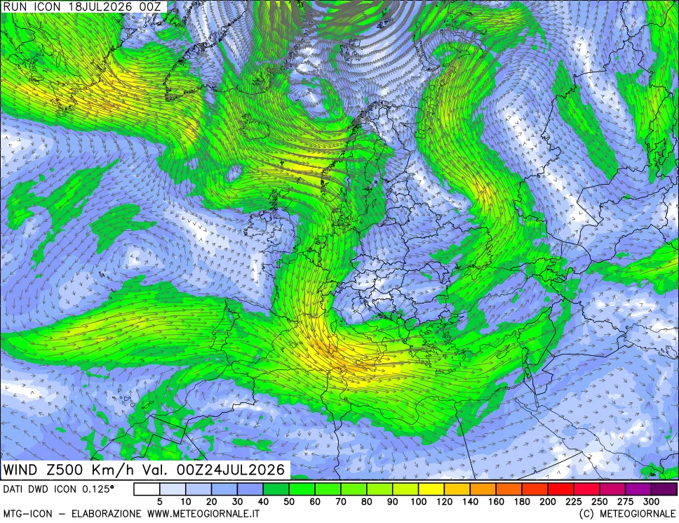 mappa 500 hPa Vento forza e direzione