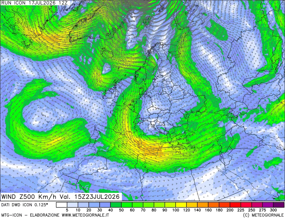 mappa 500 hPa Vento forza e direzione