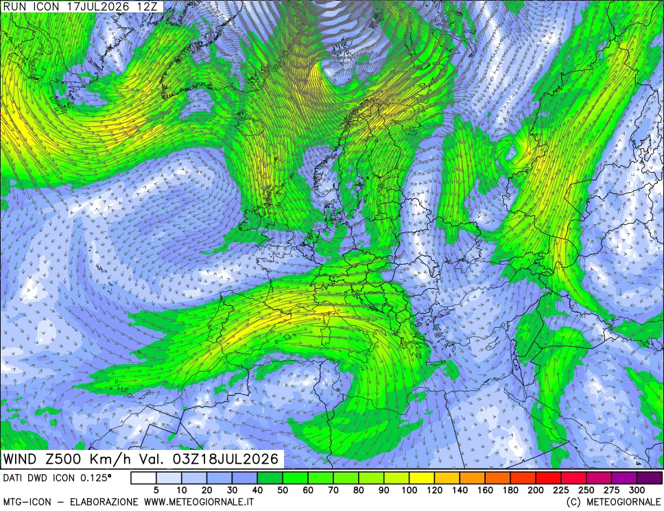 mappa 500 hPa Vento forza e direzione