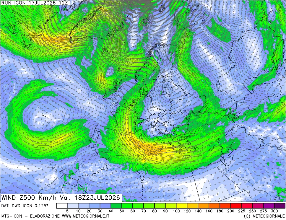 mappa 500 hPa Vento forza e direzione