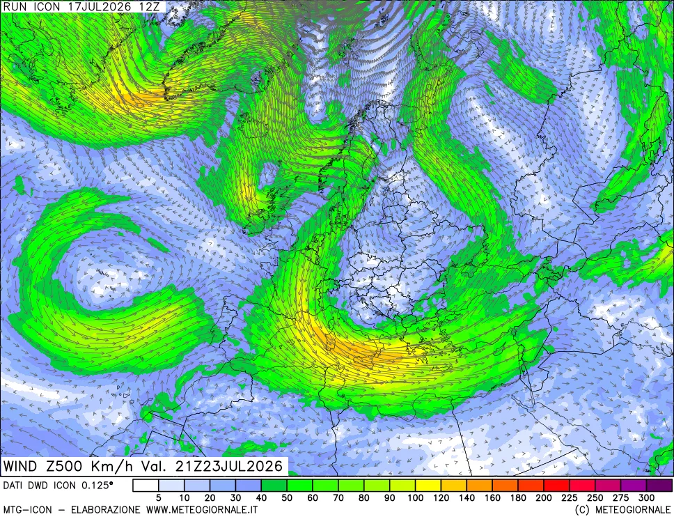 mappa 500 hPa Vento forza e direzione