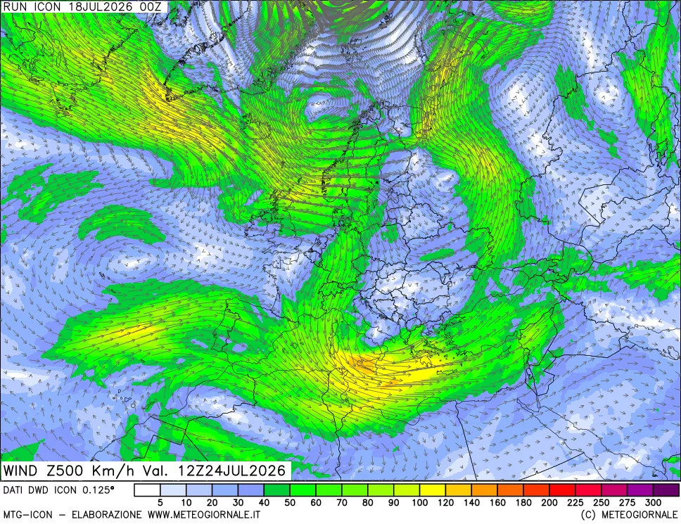 mappa 500 hPa Vento forza e direzione