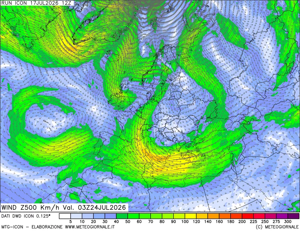 mappa 500 hPa Vento forza e direzione