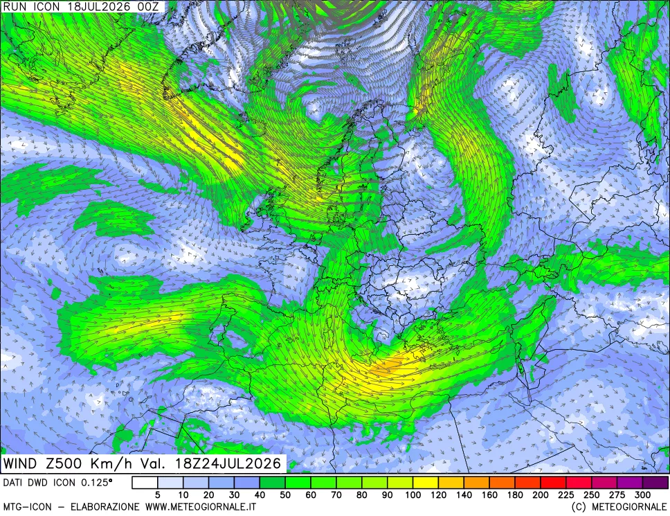 mappa 500 hPa Vento forza e direzione