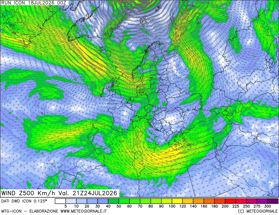 mappa 500 hPa Vento forza e direzione