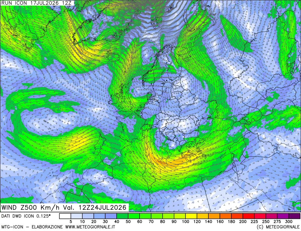 mappa 500 hPa Vento forza e direzione