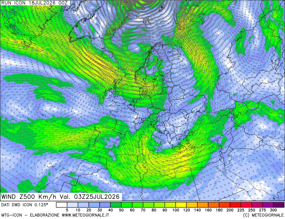 mappa 500 hPa Vento forza e direzione