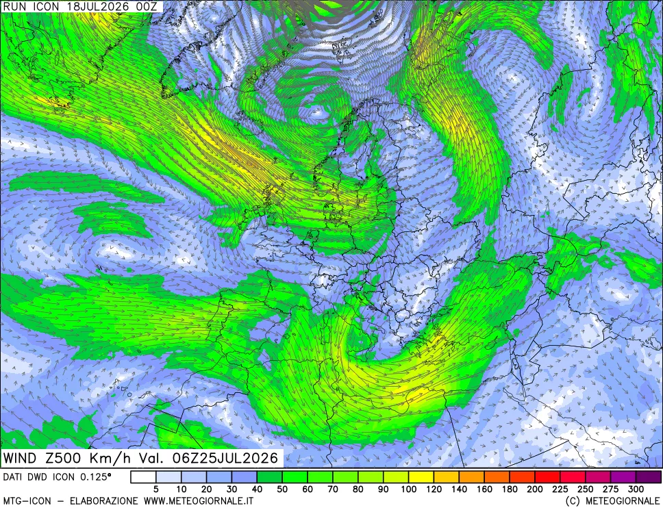 mappa 500 hPa Vento forza e direzione
