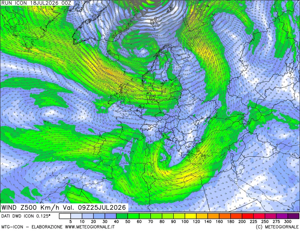 mappa 500 hPa Vento forza e direzione