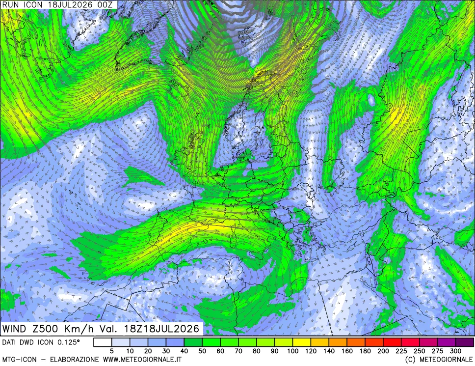 mappa 500 hPa Vento forza e direzione