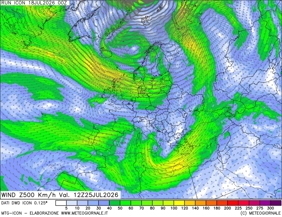 mappa 500 hPa Vento forza e direzione