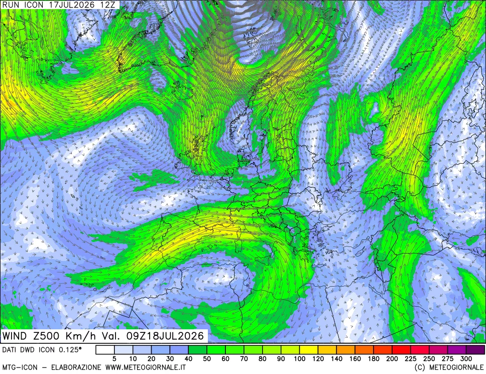 mappa 500 hPa Vento forza e direzione