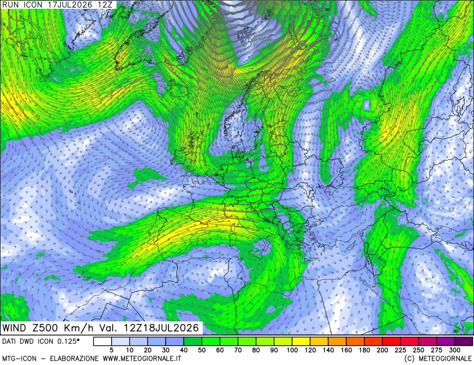 mappa 500 hPa Vento forza e direzione