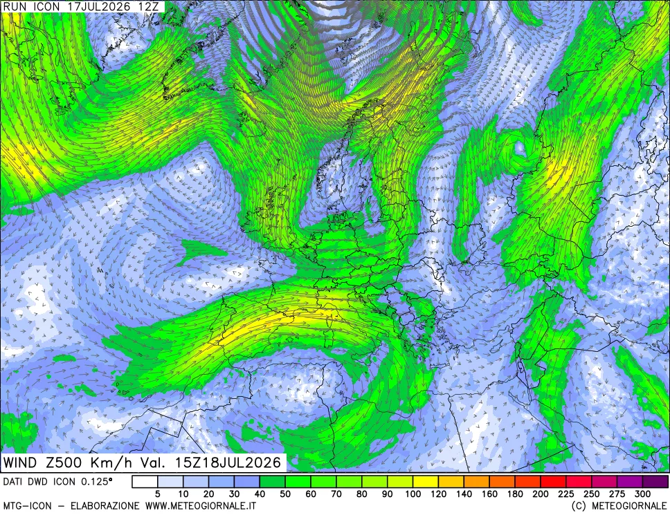 mappa 500 hPa Vento forza e direzione