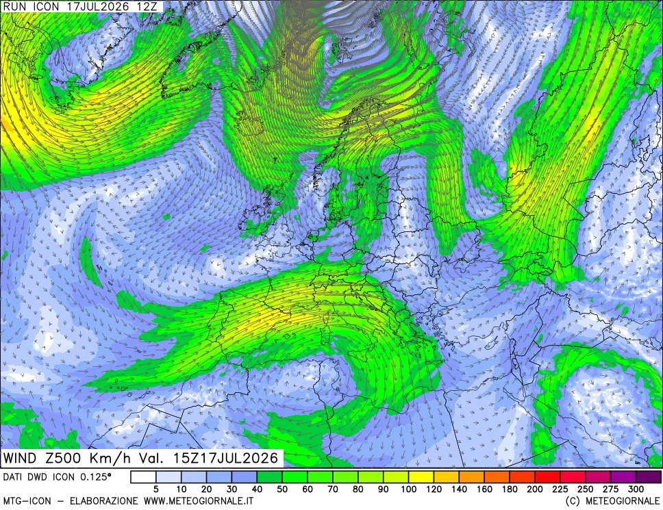 mappa 500 hPa Vento forza e direzione