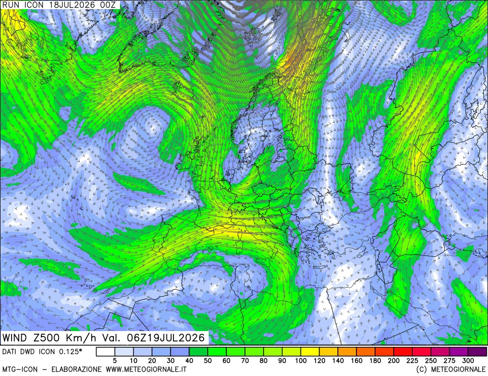 mappa 500 hPa Vento forza e direzione