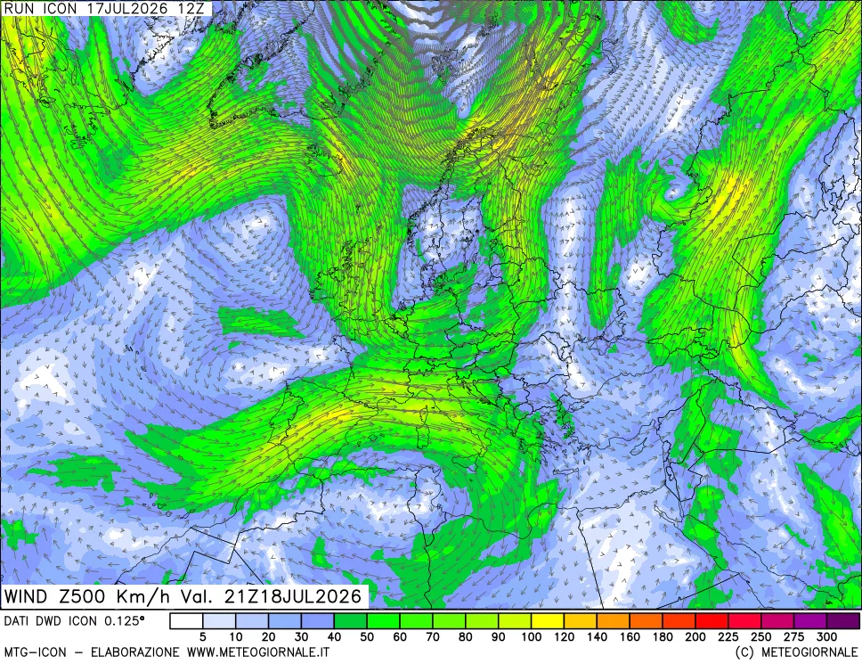 mappa 500 hPa Vento forza e direzione