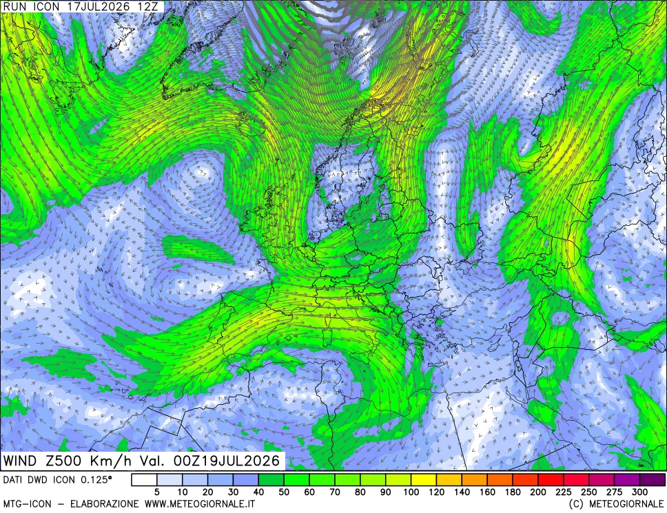 mappa 500 hPa Vento forza e direzione