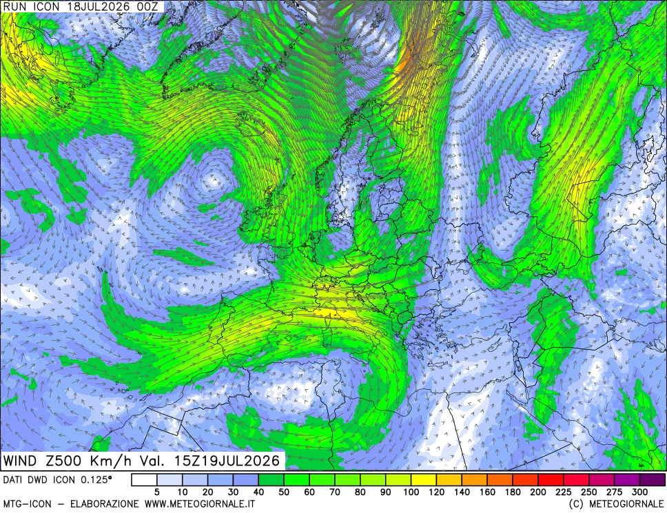 mappa 500 hPa Vento forza e direzione