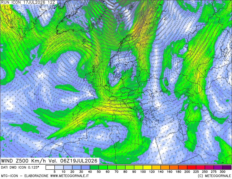 mappa 500 hPa Vento forza e direzione
