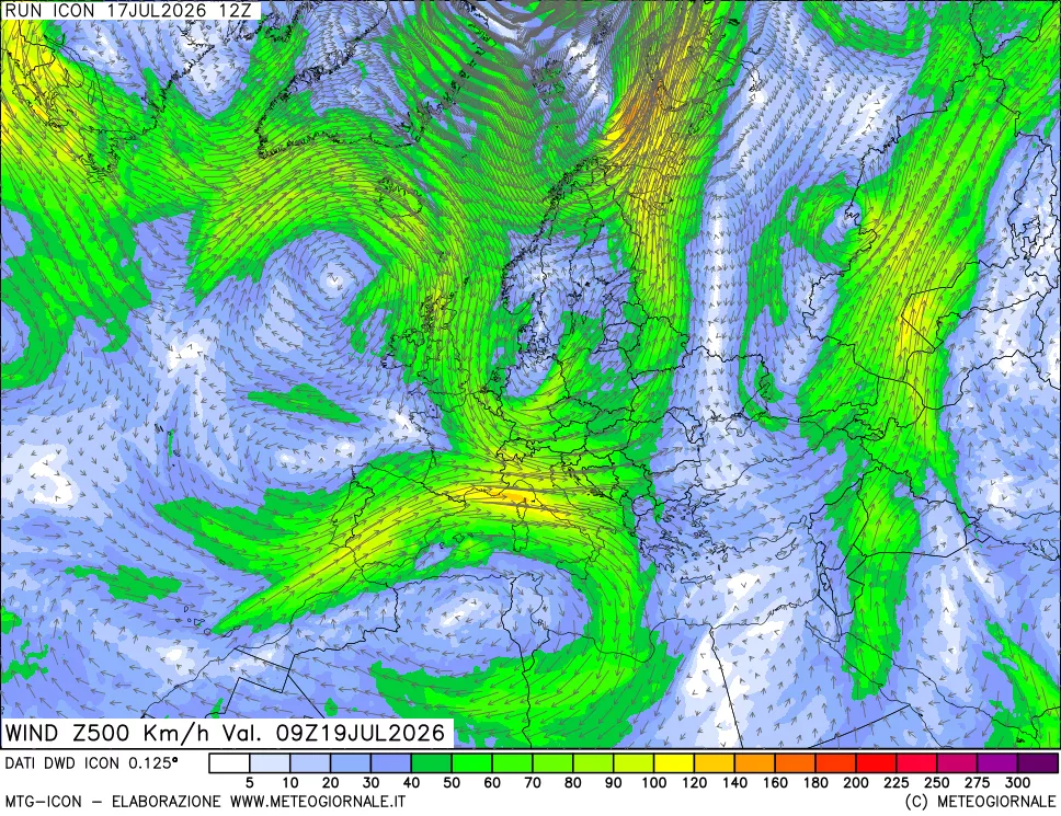 mappa 500 hPa Vento forza e direzione