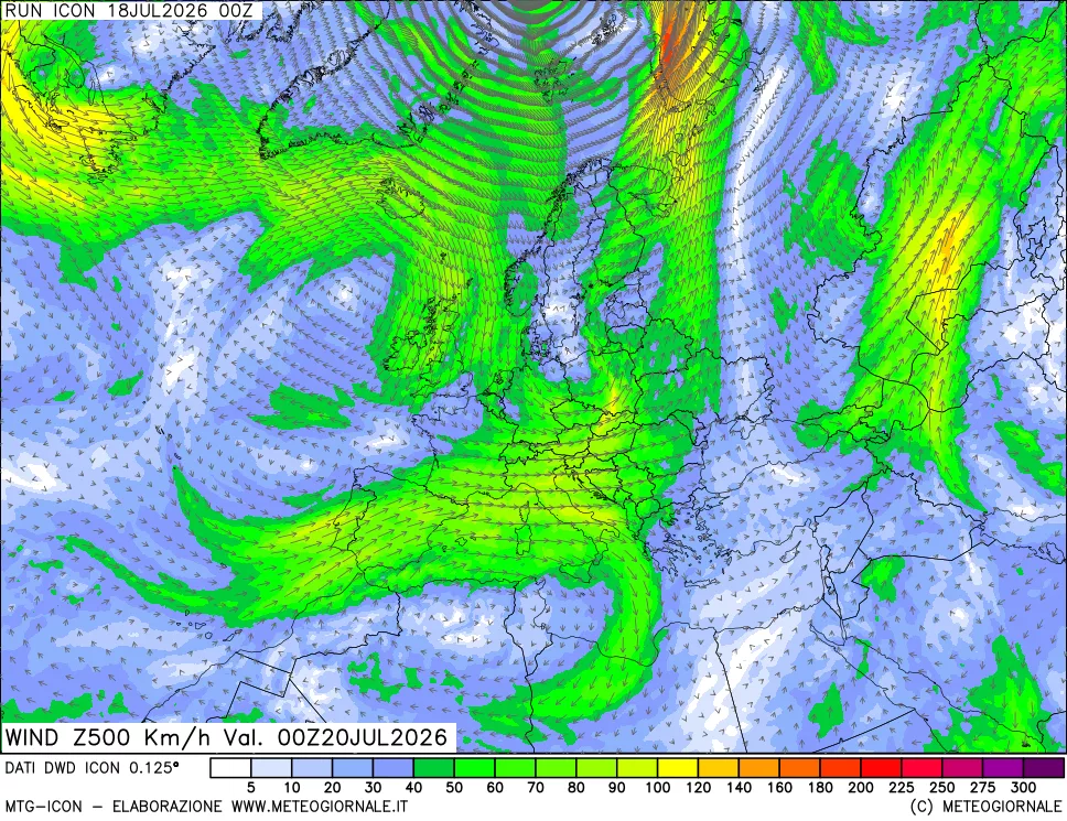 mappa 500 hPa Vento forza e direzione