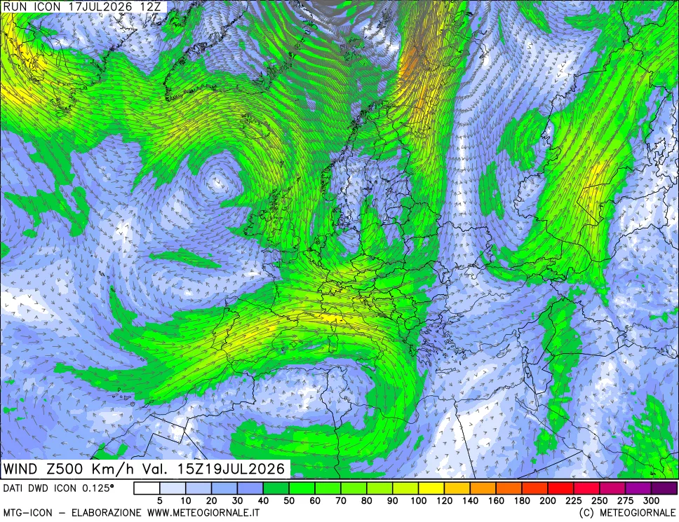 mappa 500 hPa Vento forza e direzione