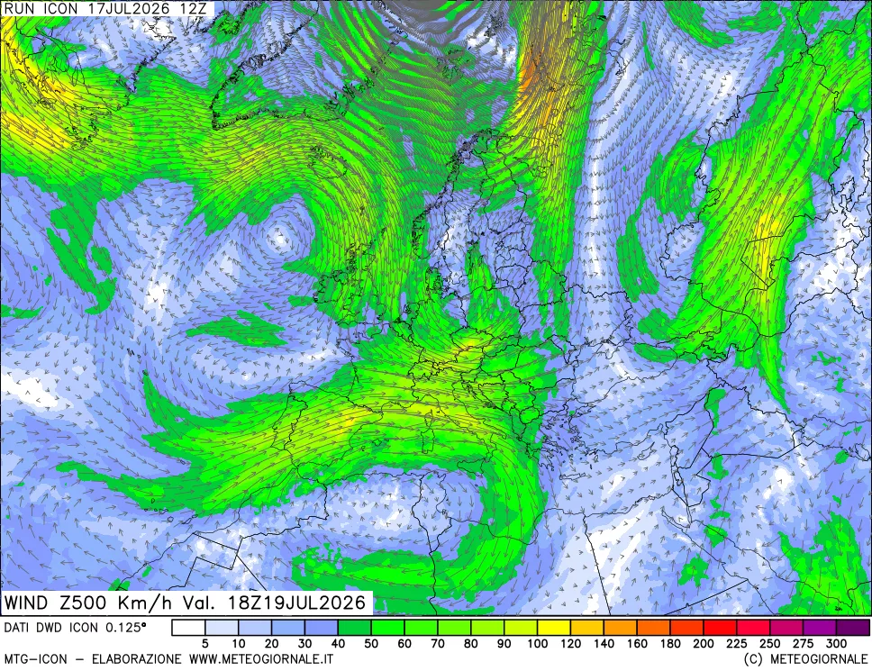 mappa 500 hPa Vento forza e direzione