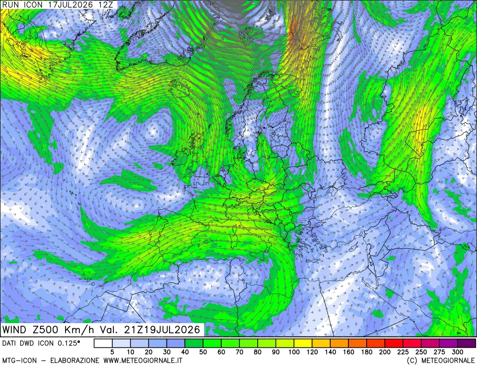 mappa 500 hPa Vento forza e direzione