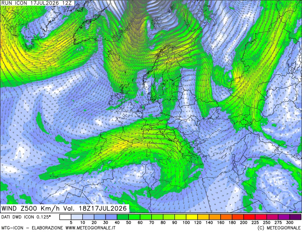 mappa 500 hPa Vento forza e direzione