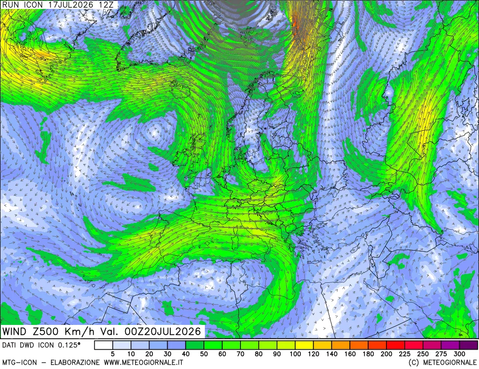 mappa 500 hPa Vento forza e direzione