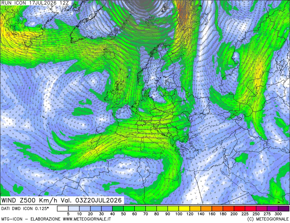 mappa 500 hPa Vento forza e direzione