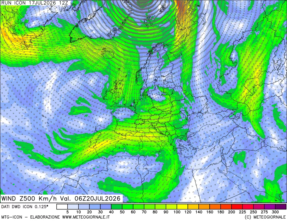 mappa 500 hPa Vento forza e direzione