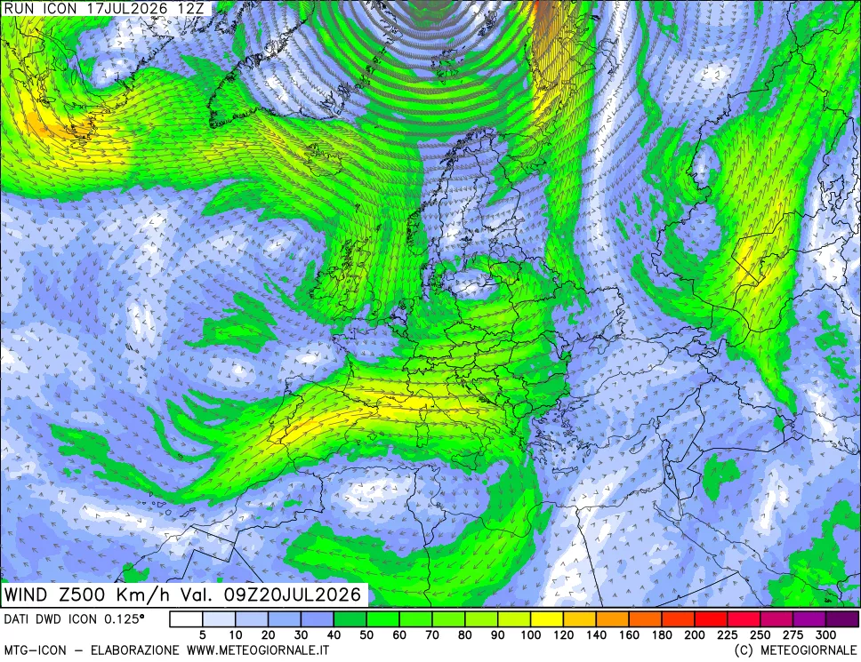 mappa 500 hPa Vento forza e direzione