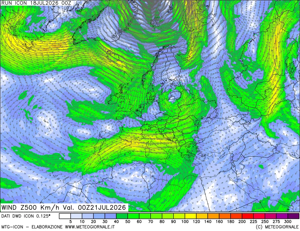 mappa 500 hPa Vento forza e direzione